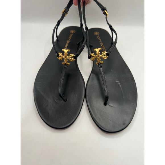 New Tory Burch Thong Sandals Size 9M Black Leather Gild Hardware - Picture 1 of 4